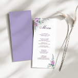 Carte de menu de mariage lavande violet<br><div class="desc">Cette carte de menu de mariage lavande-violet présente des pivoines,  de la lavande,  des formes géométriques et une typographie moderne élégante en aquarelle blanche et violette. Idéal pour un mariage en plein air. Trouvez des articles assortis dans la collection de mariage floral lavande violet.</div>