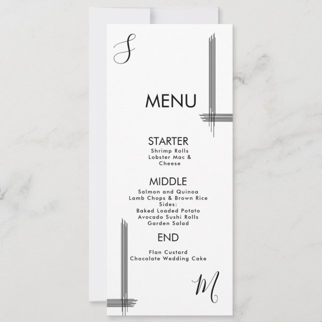 Carte de menu de mariage lignes abstraites noir et (Devant)