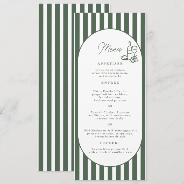 Carte de menu de mariage long Cabana rayée verte (Devant / Derrière)