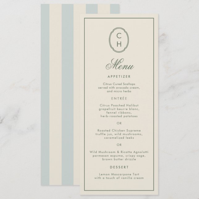 Carte de menu de mariage longue avec monogramme ra (Devant / Derrière)