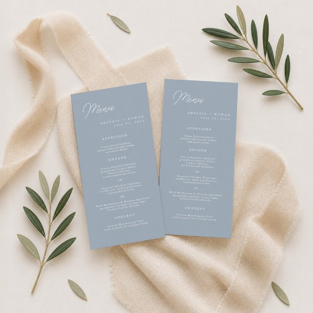 Carte de menu de mariage longue et moderne en bleu (Créateur téléchargé)