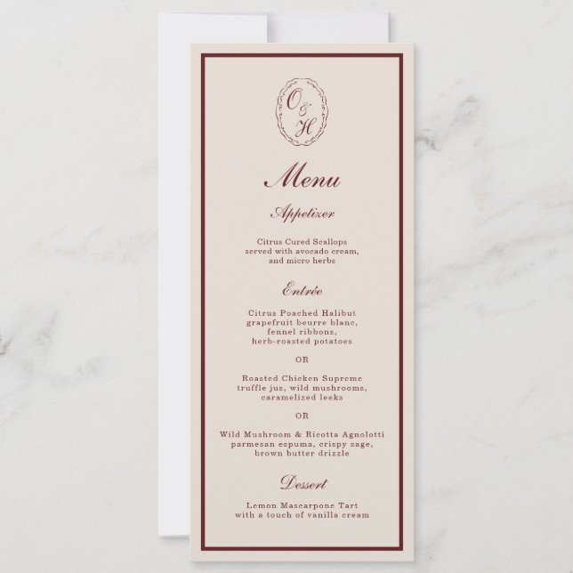 Carte de menu de mariage longue monogramme en bord (Devant)