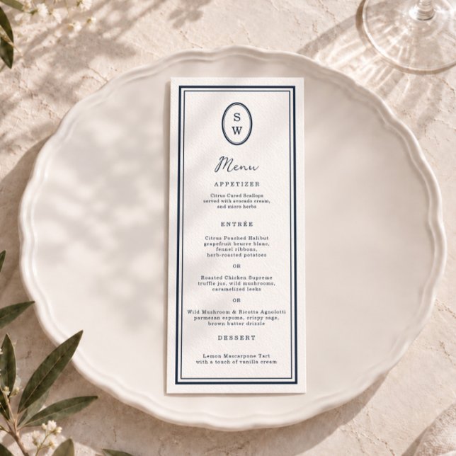 Carte de menu de mariage longue monogramme nautiqu (Créateur téléchargé)