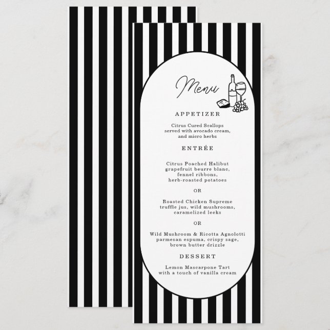 Carte de menu de mariage longue rayée noir et blan (Devant / Derrière)