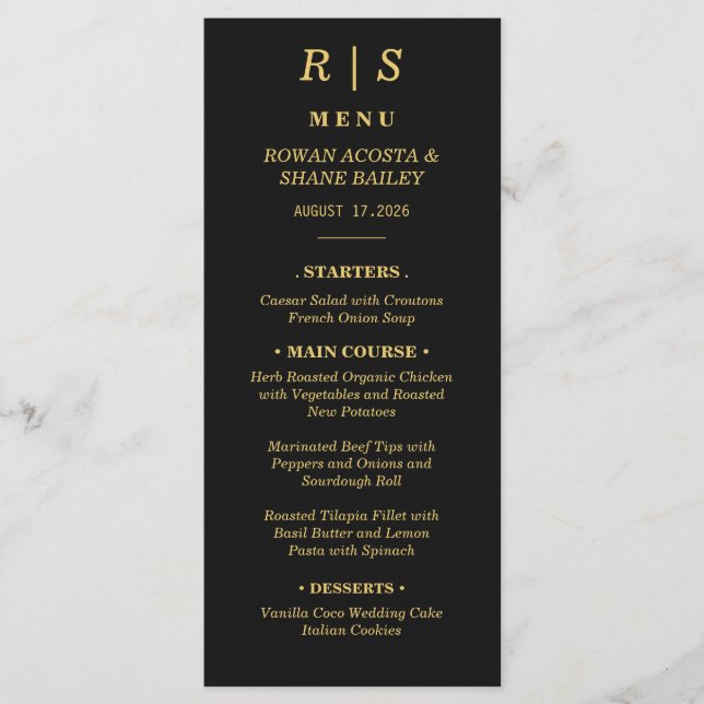 Carte de Menu de Mariage Luxe Noir et Or (Devant)