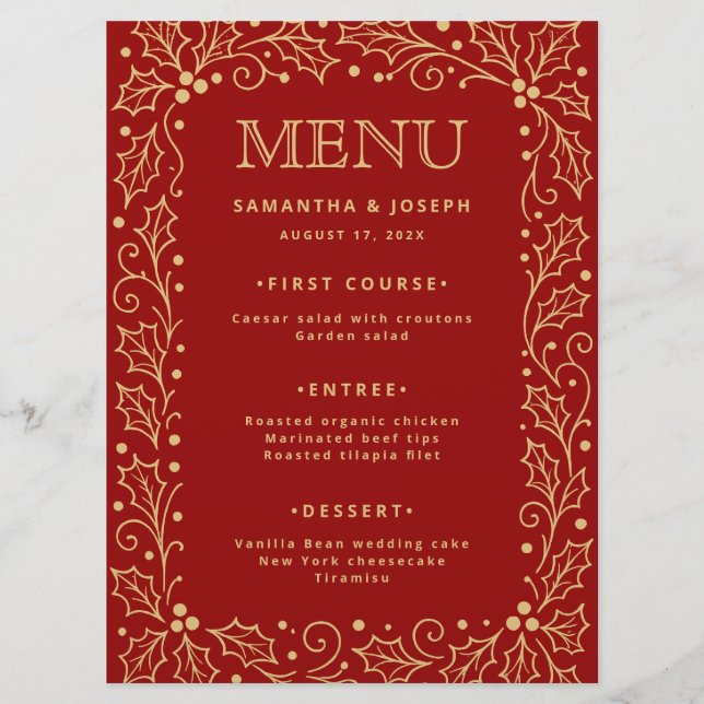 Carte de menu de mariage Luxe Rouge et Or Antique (Devant)