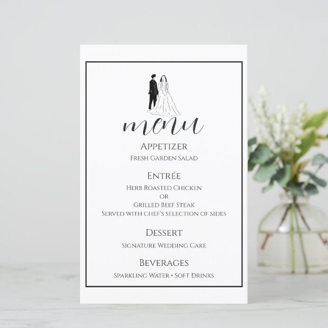 Carte de menu de mariage minimal noir et blanc (Debout devant)