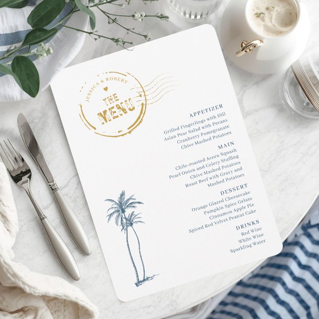 Carte de menu de mariage moderne de destination (Unique destination wedding menu card)