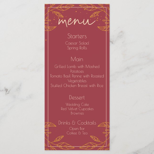 Carte de menu de mariage moderne élégant bordeaux  (Devant)