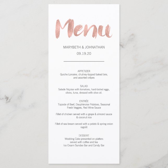 Carte de Menu de Mariage Moderne en Or Rose Amour (Devant)