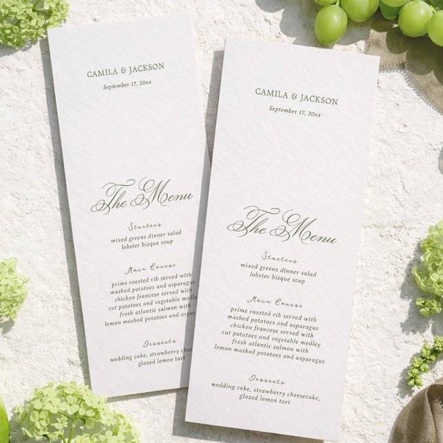 Carte de menu de mariage moderne ivoire et vert (Créateur téléchargé)