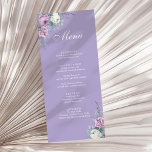 Carte de menu de mariage moderne lavande violet<br><div class="desc">Cette carte de menu de mariage lavande-violet présente des pivoines,  de la lavande,  des formes géométriques et une typographie moderne élégante en aquarelle blanche et violette. Idéal pour un mariage en plein air. Trouvez des articles assortis dans la collection de mariage floral lavande violet.</div>