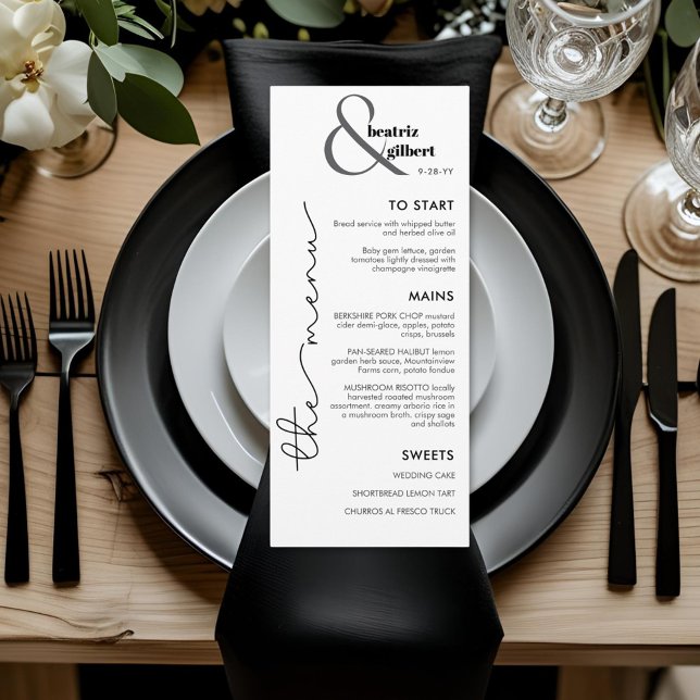 Carte de menu de mariage moderne monogramme noir e (Elegant ampersand monogram wedding menu in with black and dark gray text on white. Reverse is black.)
