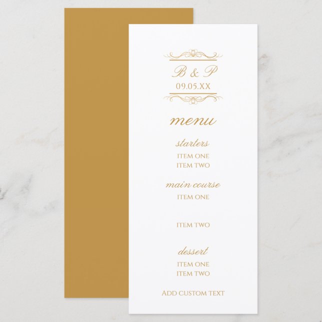 Carte de menu de mariage moderne or et blanc avec  (Devant / Derrière)