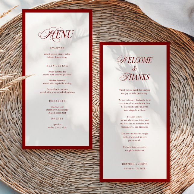 Carte de menu de mariage moderne rouge et note de  (Créateur téléchargé)