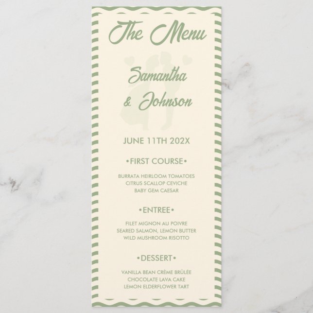 Carte de menu de mariage moderne vert sauge à rayu (Devant)