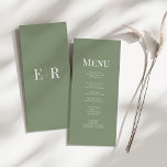 Carte de Menu de Mariage Monogramme Vert Olive Dou<br><div class="desc">Ajoutez une touche d'élégance subtile à votre mariage avec la carte de menu de mariage à monogramme vert olive doux. Cette carte de menu magnifiquement conçue présente une teinte vert olive doux, associée à un monogramme raffiné en haut, créant une atmosphère sereine et sophistiquée. La disposition épurée et minimaliste permet...</div>