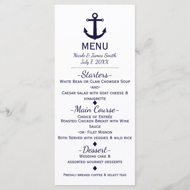 Carte de menu de mariage nautique de plage Blue An (Devant)