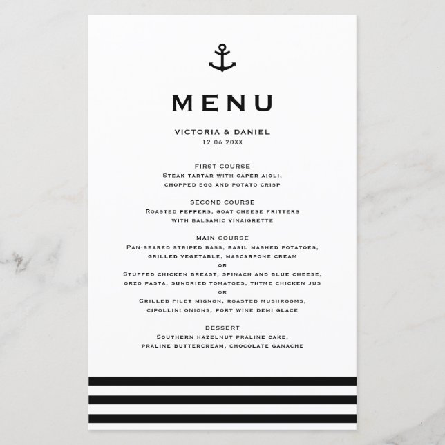 Carte de menu de mariage nautique moderne à ancre  (Devant)