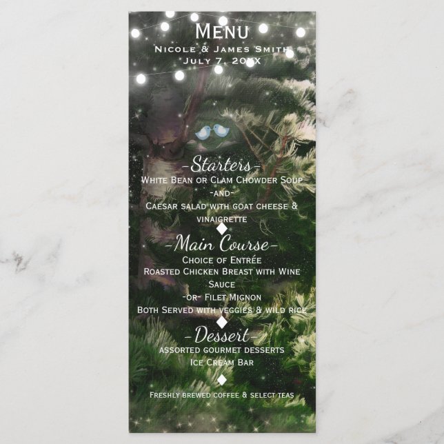 Carte de menu de mariage nocturne Love Birds + Pin (Devant)