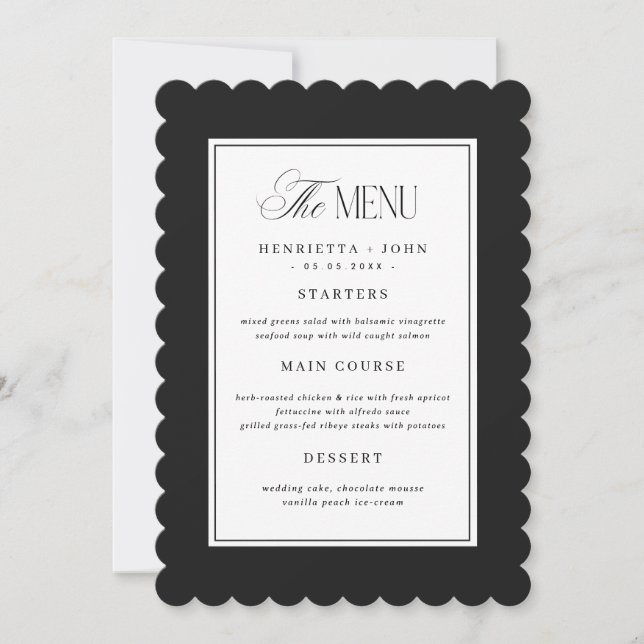 Carte de menu de mariage noir et blanc à bord fest (Devant)