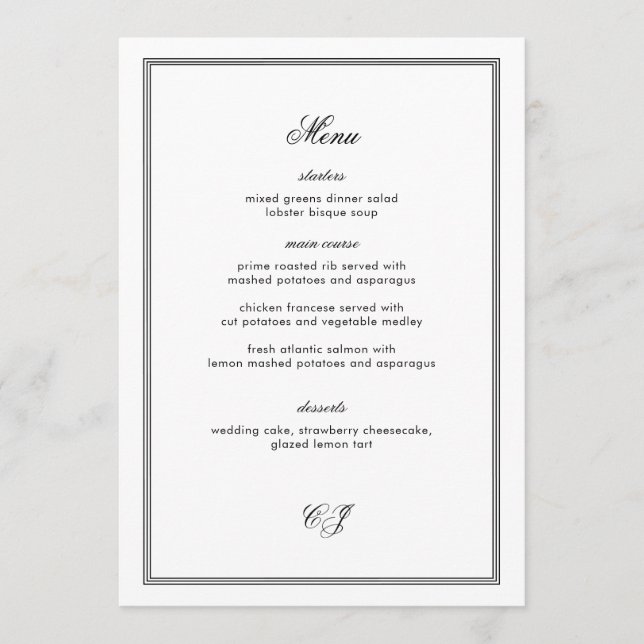 Carte de menu de mariage noir et blanc Old Money (Devant)