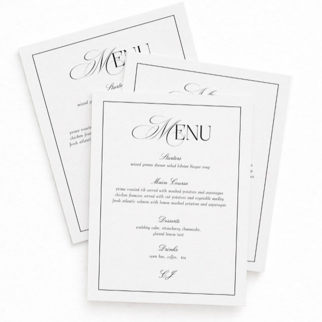 Carte de menu de mariage noir et blanc Old Money (Créateur téléchargé)