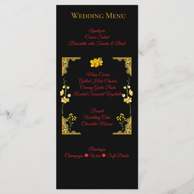 Carte de menu de mariage noir et or (Devant)