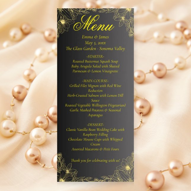 Carte de menu de mariage noir et or de luxe (Créateur téléchargé)