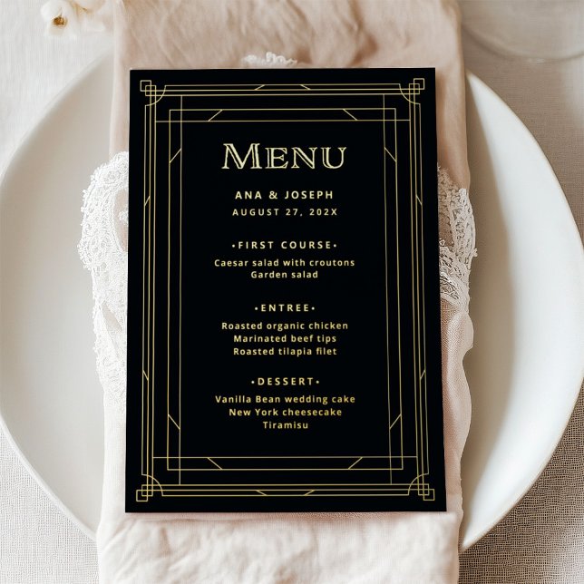 Carte de menu de mariage noir et or Modern Deco (Créateur téléchargé)
