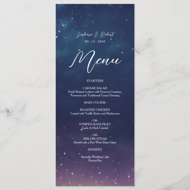 Carte de Menu de Mariage Nuit Étoilée Céleste (Devant)