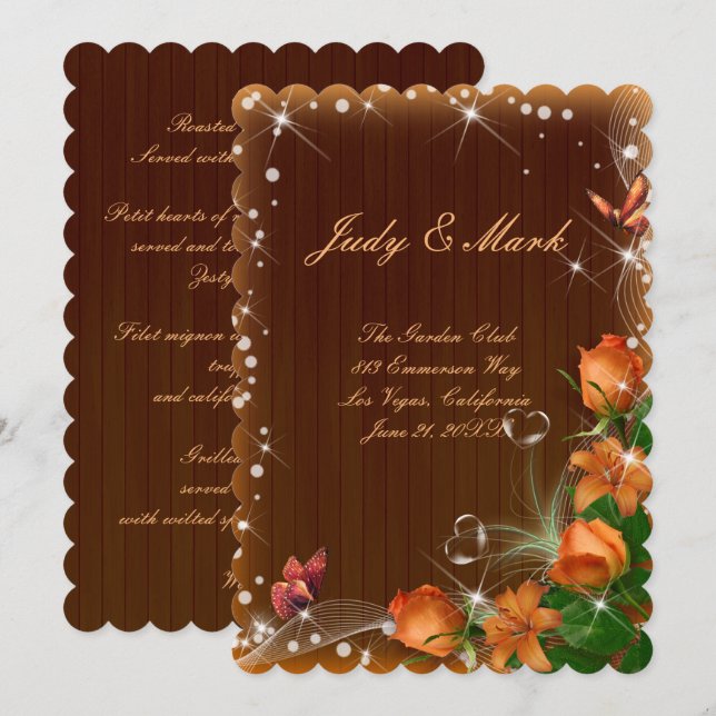 Carte de Menu de Mariage Papillon Roses Bois Sombr (Devant / Derrière)