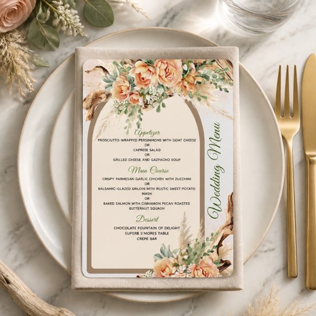 Carte de menu de mariage Peach Roses & Driftwood (Créateur téléchargé)