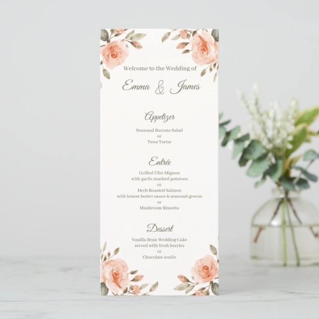 Carte de menu de mariage personnalisée florale (Debout devant)