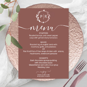 Carte de Menu de Mariage Photo Monogramme en Terre