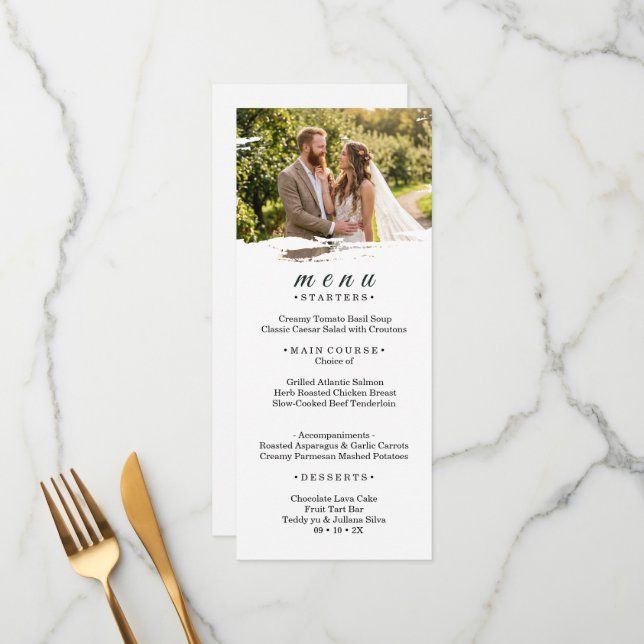 Carte de menu de mariage photo sur papier pour pré (Devant/Arrière en situation)