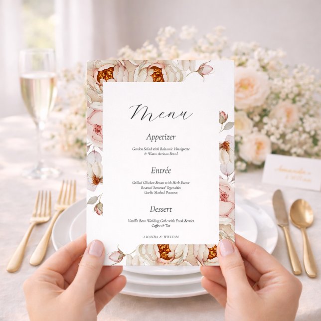 Carte de menu de mariage 'Pivoines en fleurs' (Créateur téléchargé)