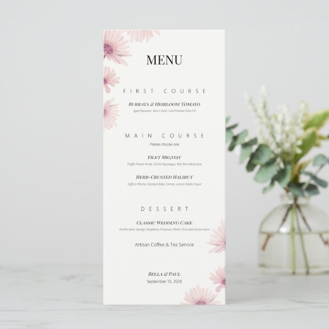 Carte de menu de mariage plat floral rose minimali (Debout devant)