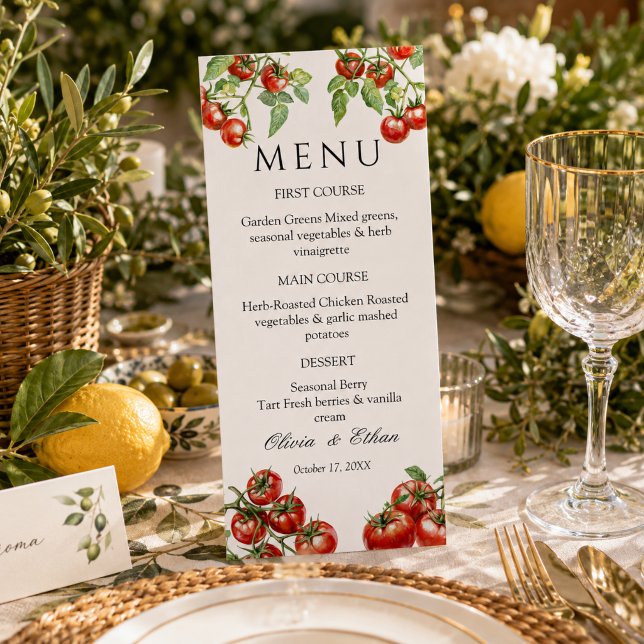 Carte de Menu de Mariage Pomodoro Italien (Elegant Italian pomodoro wedding menu card)