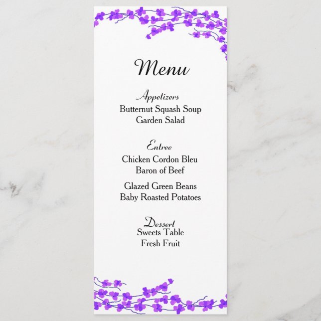 Carte de menu de mariage Purple Blossoms (Devant)
