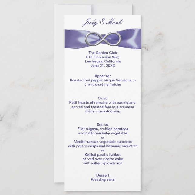 Carte de menu de mariage Purple Blue Silver Infini (Devant)