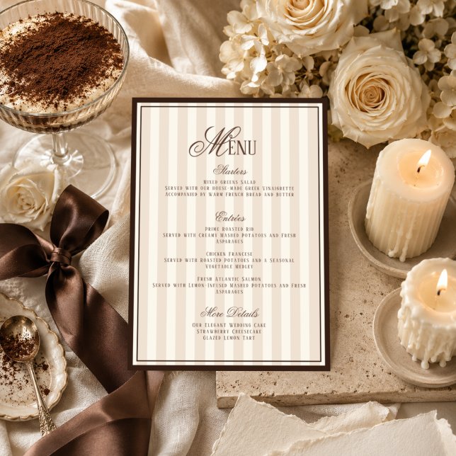 Carte de menu de mariage rayé Cappuccino Espresso (Créateur téléchargé)