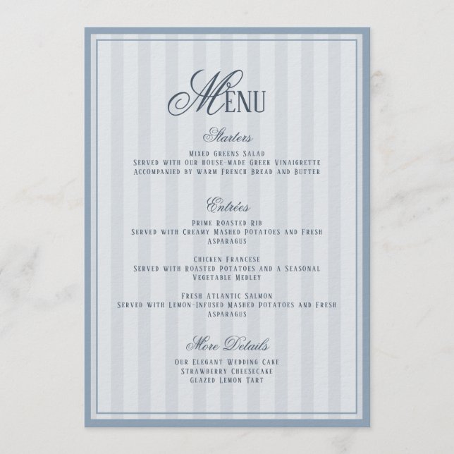 Carte de menu de mariage rayée bleue (Devant)