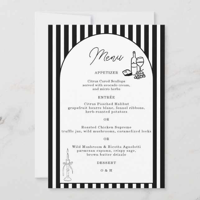Carte de menu de mariage rayée noir et blanc (Devant)