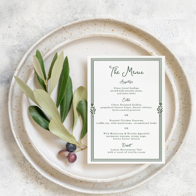 Carte de menu de mariage rayée vert olive Old Mone (Créateur téléchargé)