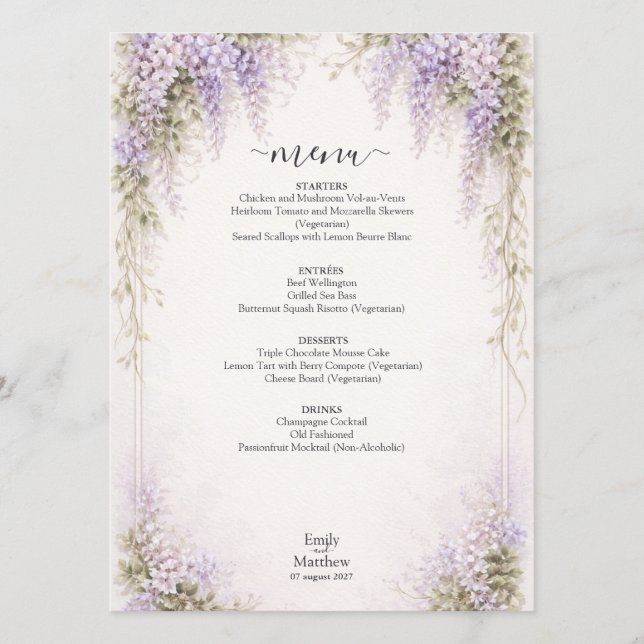 Carte de menu de mariage Régence Wisteria (Devant)