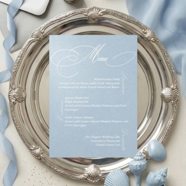 Carte de menu de mariage romantique bleu poussiére (Créateur téléchargé)