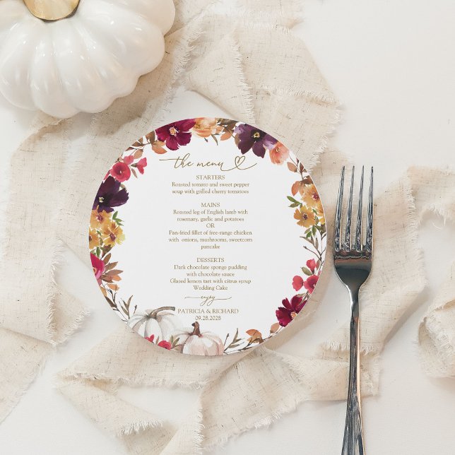 Carte de menu de mariage rond Floral Bourguignon C (Créateur téléchargé)