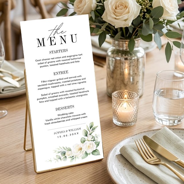 Carte de Menu de Mariage Rose Blanche et Feuillage (Créateur téléchargé)