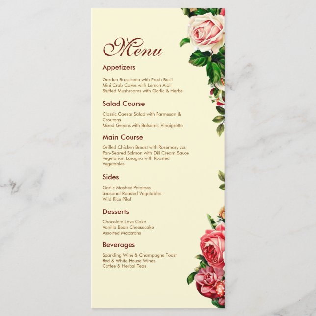 Carte de menu de mariage Rose Élégante (Devant)